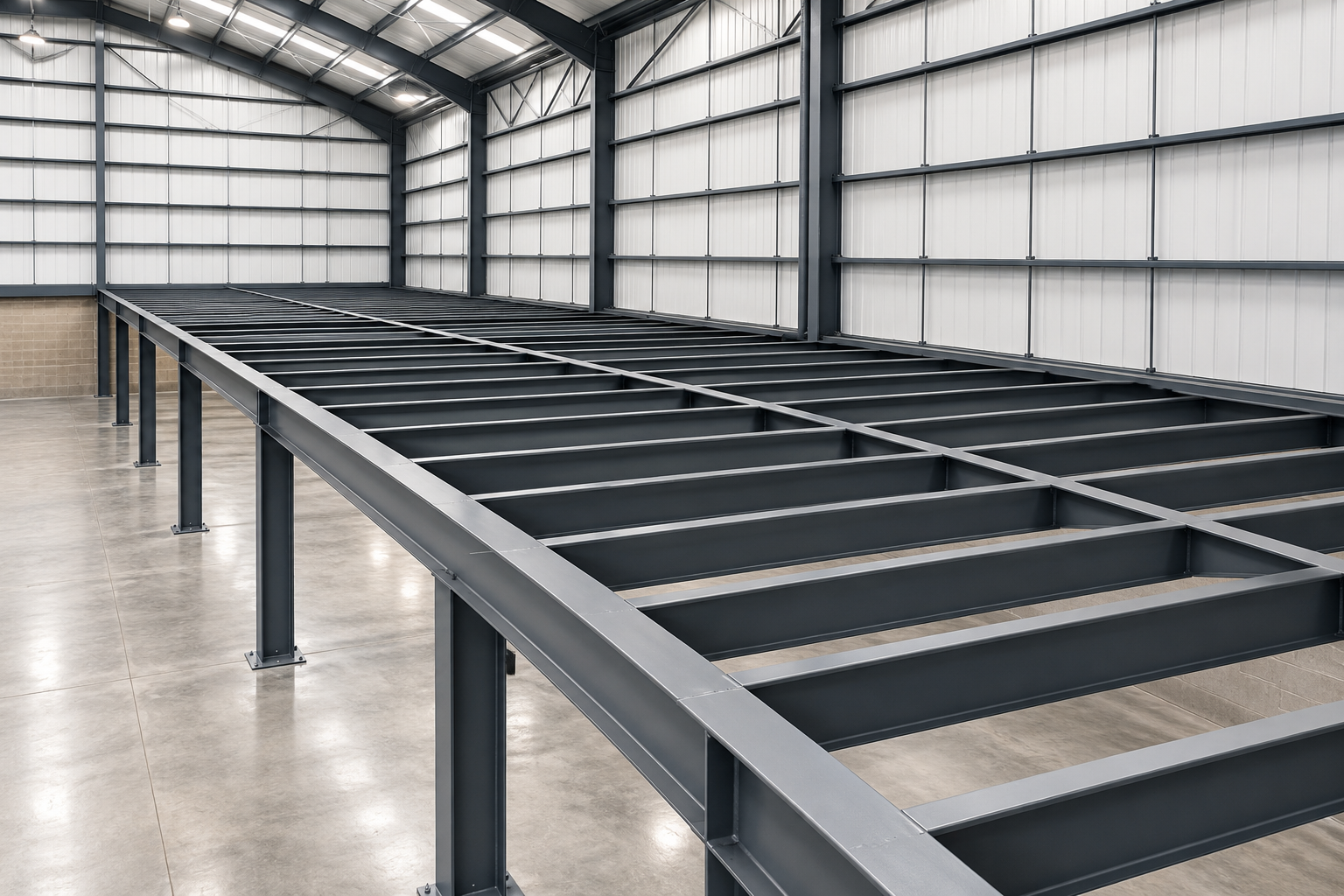Estructura metálica tipo mezanine con vigas y columnas de acero instalada en bodega industrial