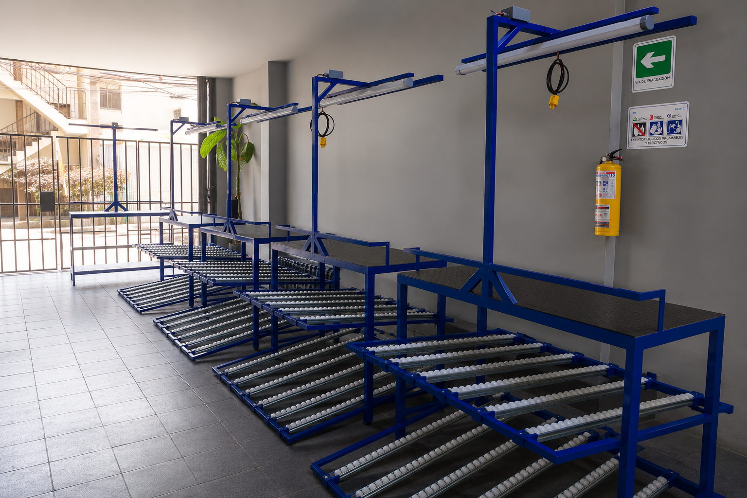 Medios logísticos: estaciones de rodillos y estructuras metálicas para flujo de materiales